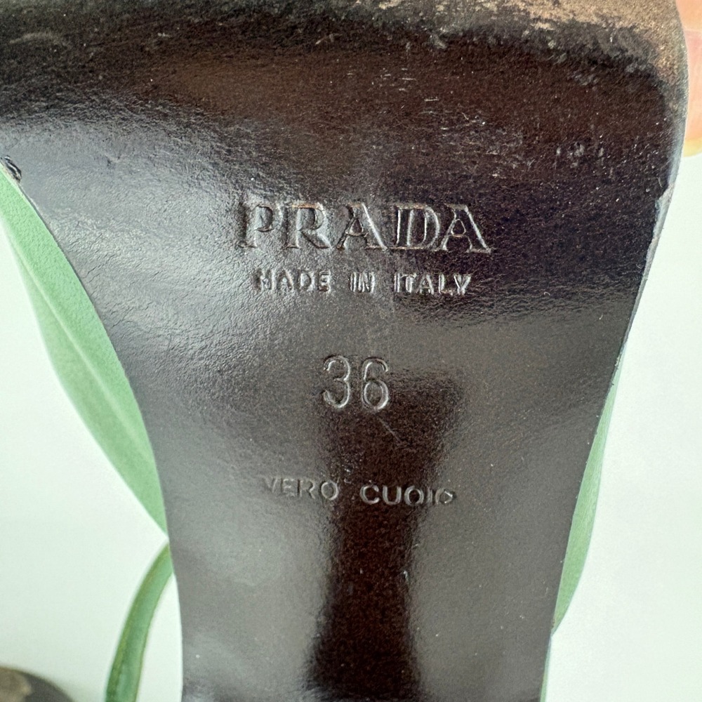 Vintage Prada Green Leather Rose T Strap Heels Size 36 Floral Knot Square Toe - Picture 11 of 14